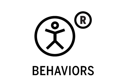 A black and white icon with the word behaviors: Mind the Gap!