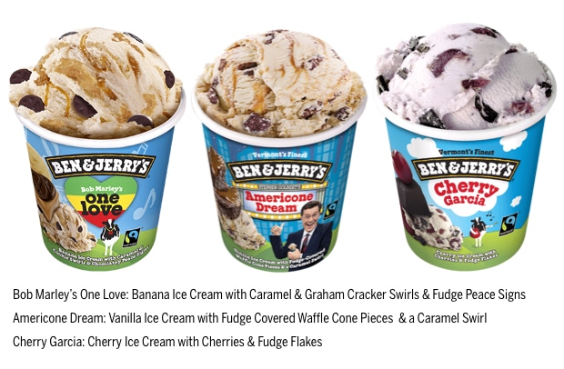 # Ben & Jerry's signature ice creams: Banana Ice Cream with Caramel & Graham Cracker Swirls & Fudge, Vanilla Ice Cream with Fudge Covered Waffle Cone Pieces & a Caramel Swirl and Cherry Ice Cream with Cherries & Fudge Flakes
