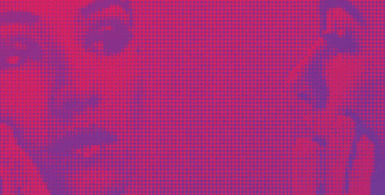 A woman's face is shown on a pink and purple background.