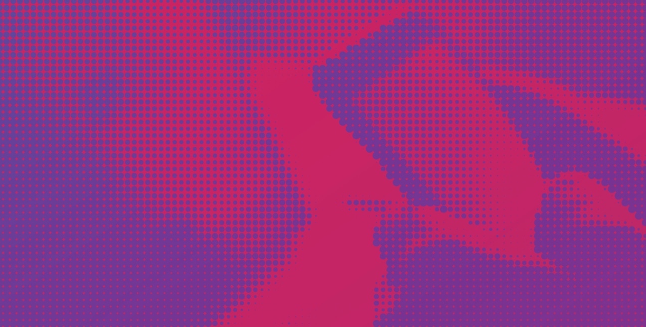 A purple and magenta background with a pixelated image of man with a smartphone in his hands