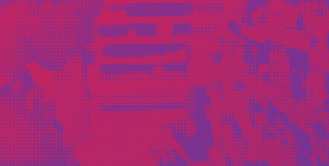 A purple and pink background with a pixelated image.