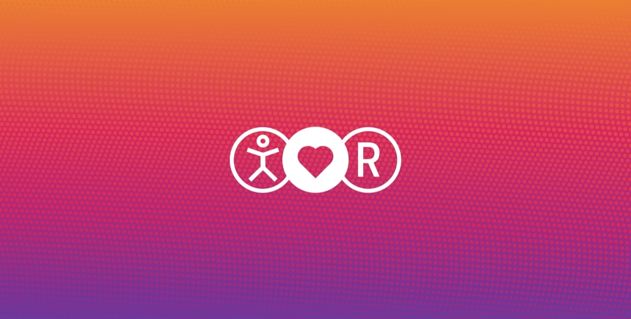 An orange and purple background with 3 icons: a person, a heart and the letter R