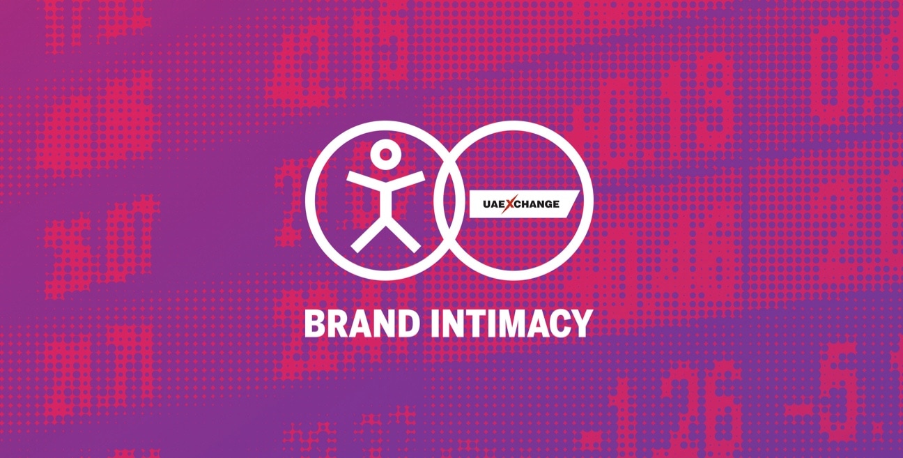 A purple and magenta background with a pixelated image of a Stock market ticker digital display with the Brand Intimacy Logo