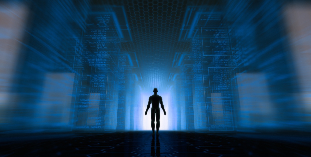 A silhouette of a man standing in a dark hallway with text and diagrams overlays