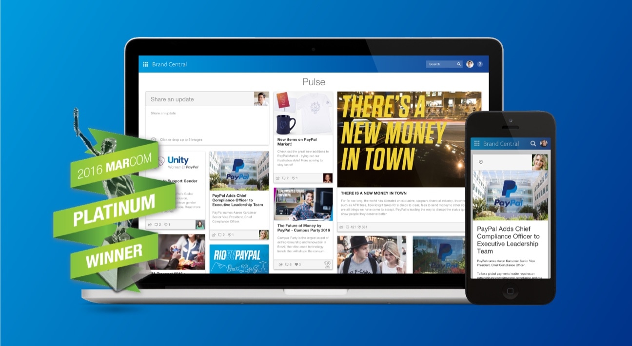 A laptop and mobile phone showing examples of the Brand Management page developed for PayPal