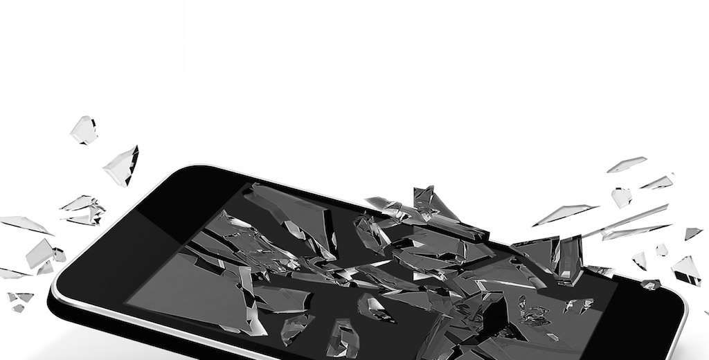 A smartphone with a broken screen on a white background.