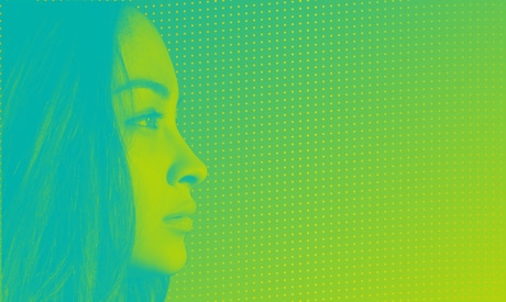 An image of a woman with long hair in front of a green and blue background.