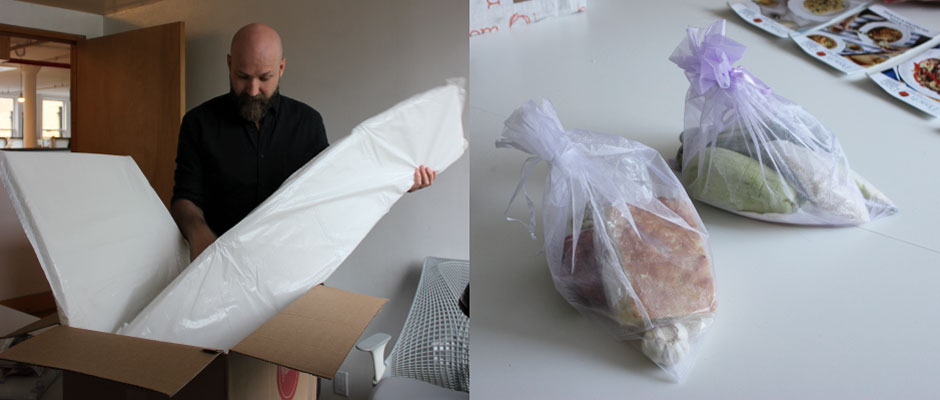 Two pictures of a man opening a box of food.