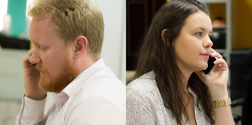 A woman is talking on a cell phone while two food delivery brands go head to head.