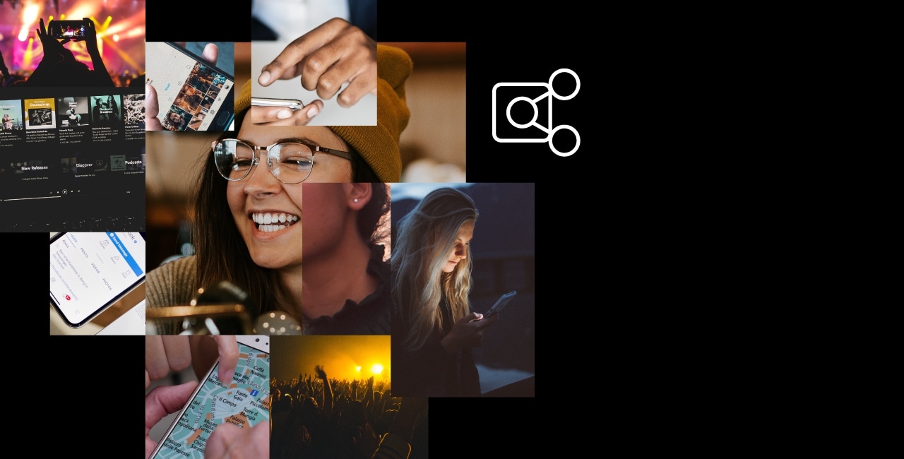 A collage of photos of people with their phones.