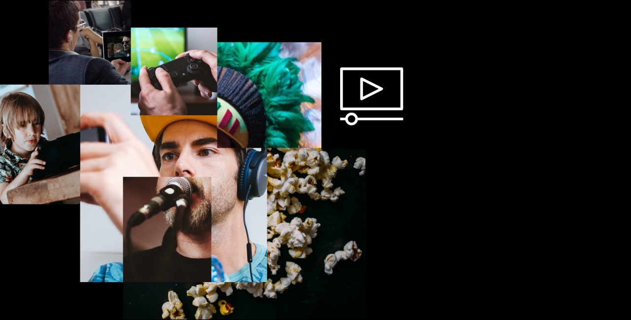 A black and white image of a man with a microphone and popcorn.