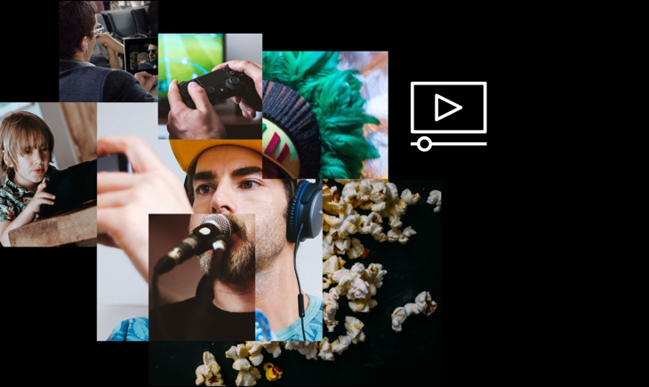 A black and white image of a man with a camera and popcorn.