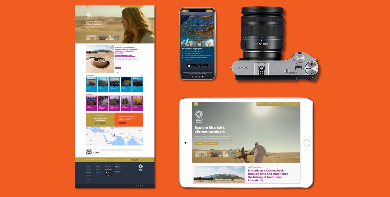 The landing page of the Sharjah’s Brand New Tourism Website on desktop, mobile phone and tablet