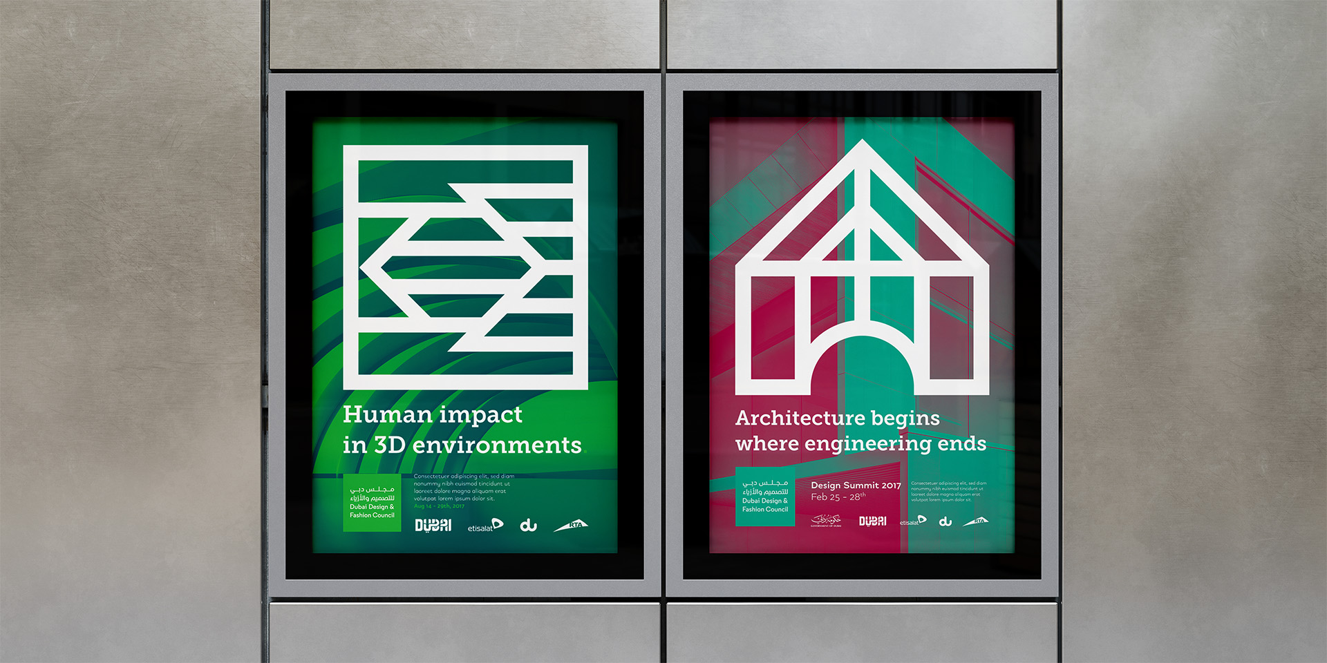 Dubai Design and Fashion Council poster featuring bold colors and modern patterns, promoting Dubai as a leading global fashion destination.