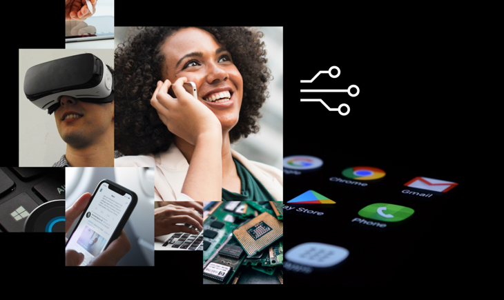 A black and white image of a woman with a phone and a virtual reality headset.
