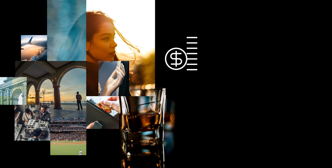 collage with Financial Services Brands related images and dollar sign icon