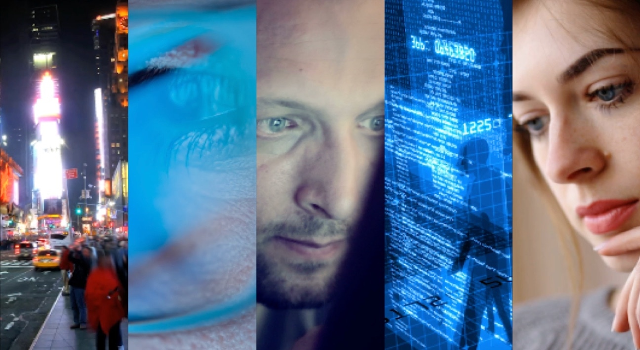 A collage of images of people in a city.