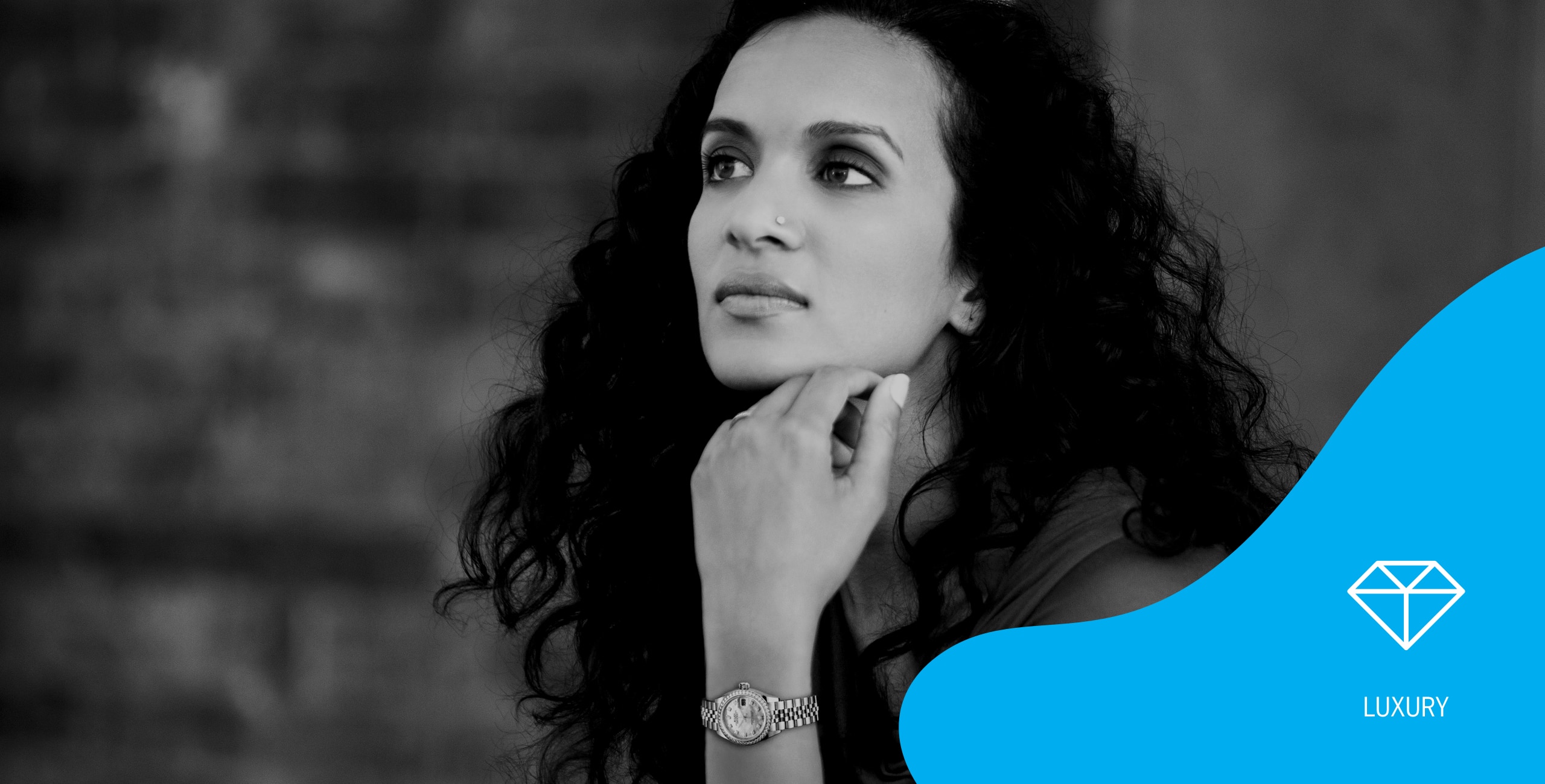 woman with hand under her chin showing a watch