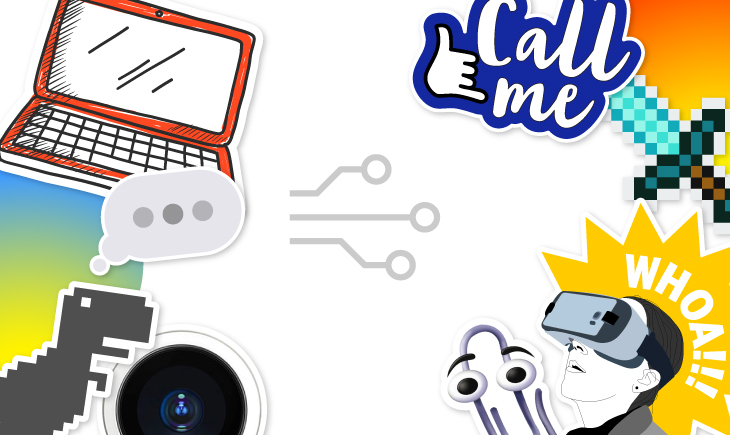 A group of stickers with the words call me and a laptop.