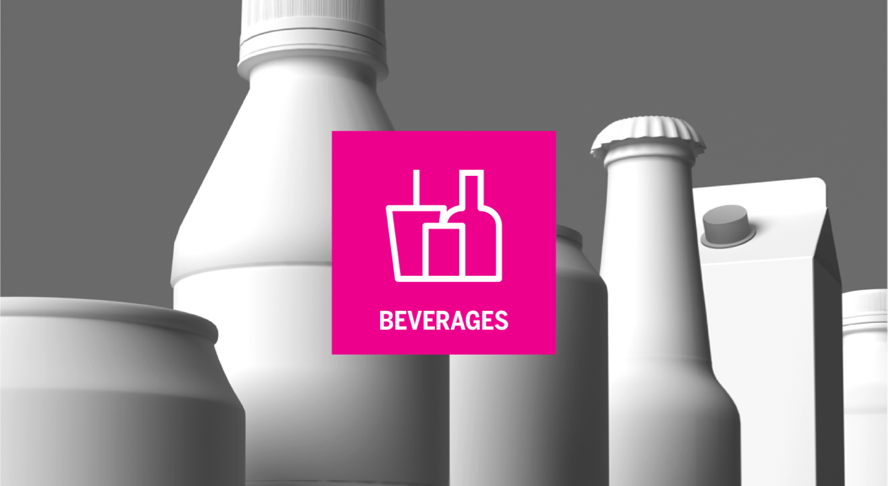 A group of bottles with the word beverages on them.