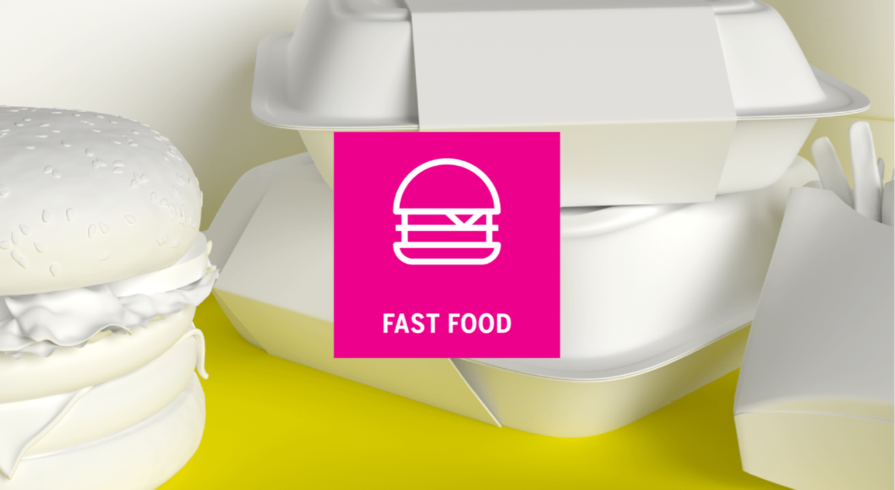 Fast food packaging with the icon and a sign reading fast food