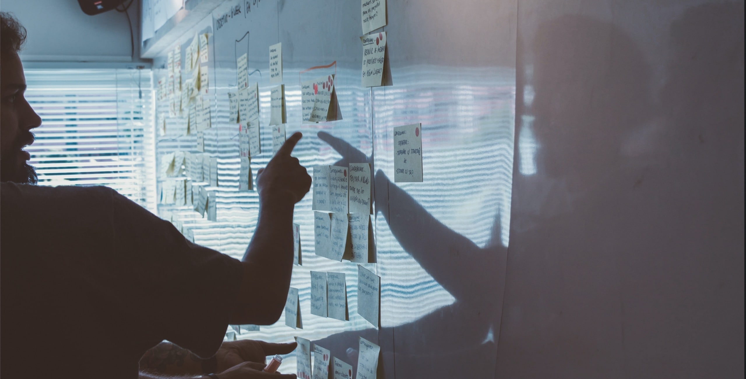 A whiteboard with sticky notes on it used for communication or qualitative research purposes.
