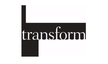 A black and white logo with the word transform.