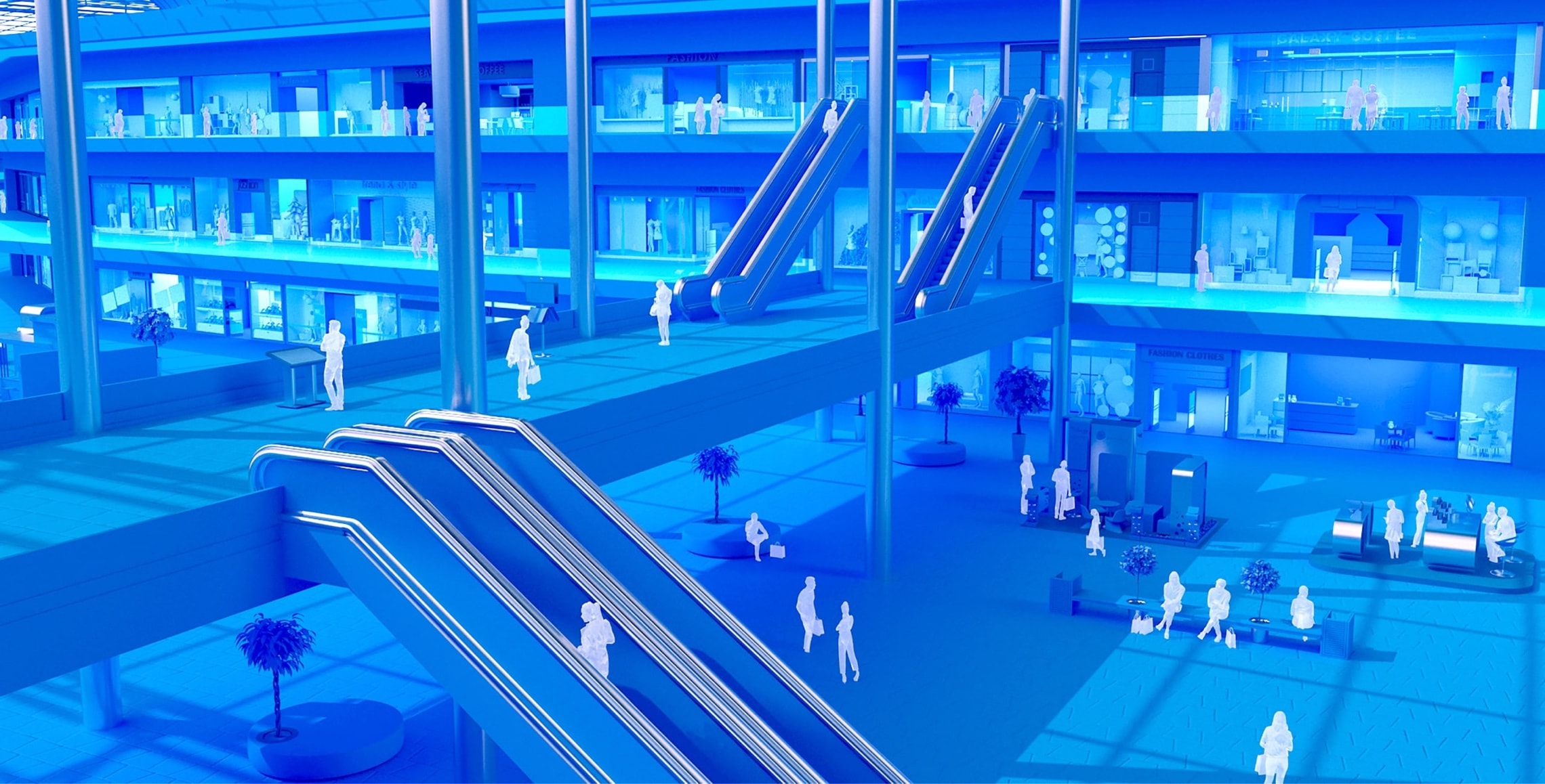 A 3d rendering of a building with escalators and people.