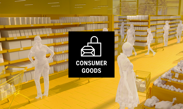 Consumer Goods Icon over a 3D model of a supermarket