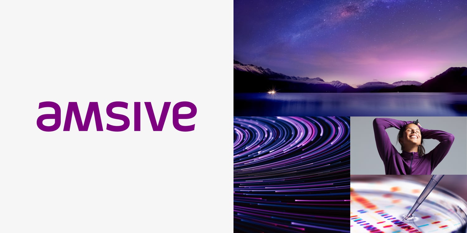 Amsive logo with a purple background and a woman in a purple shirt.