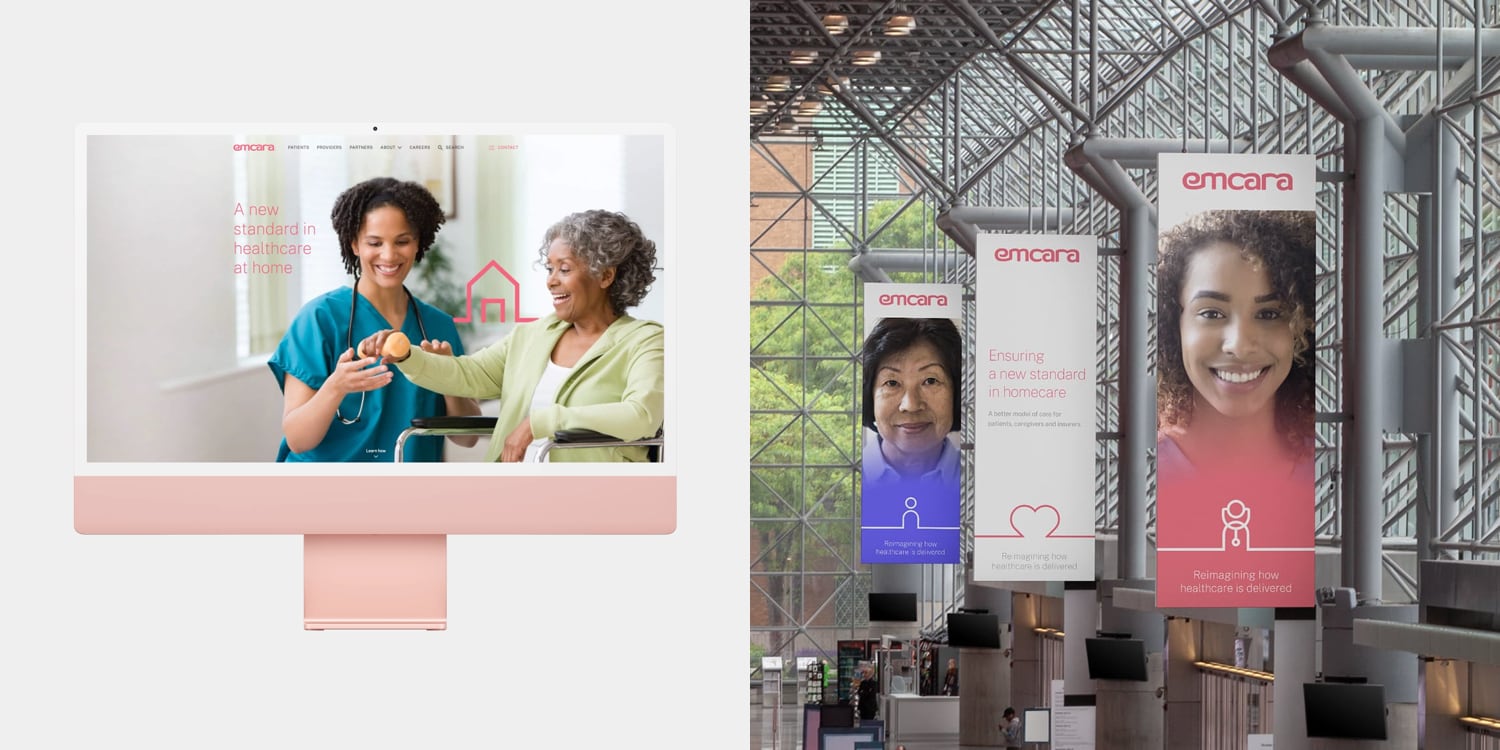 A woman is standing in front of a banner in a building.