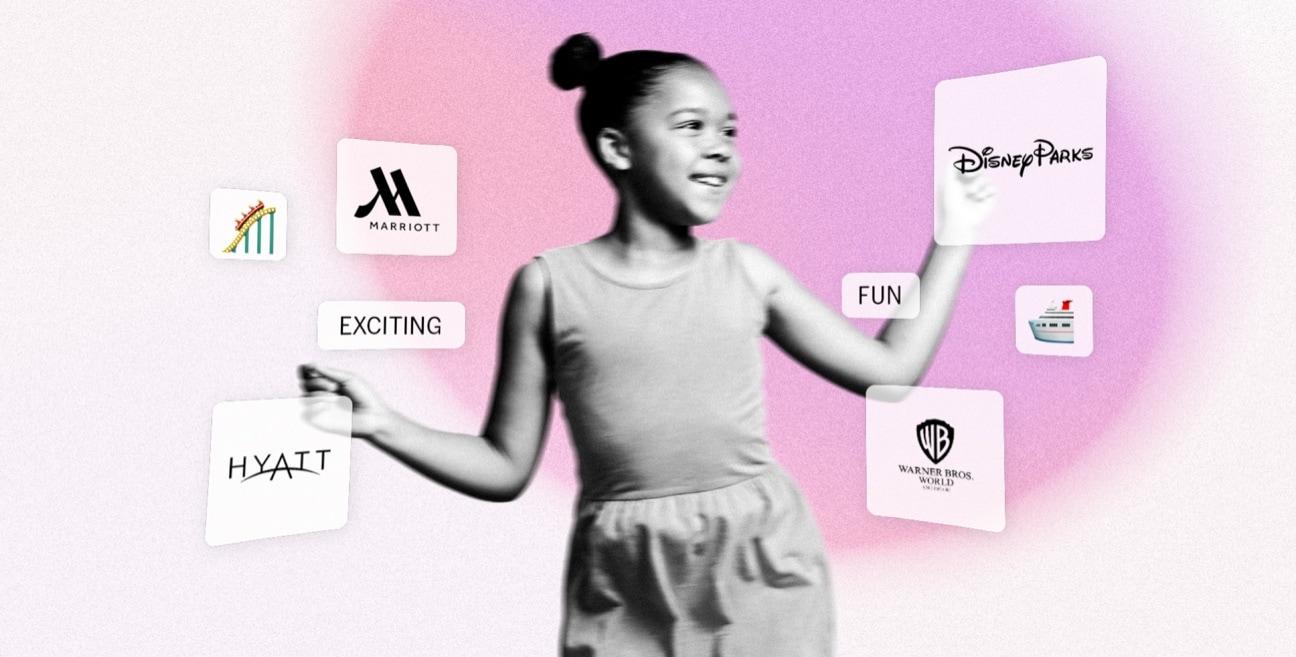 A girl dancing with hospitality and theme park brands logos