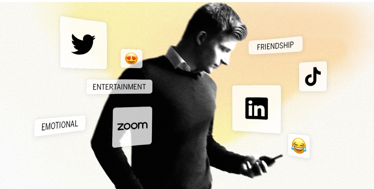 A man holding a cell phone with social media icons surrounding him.