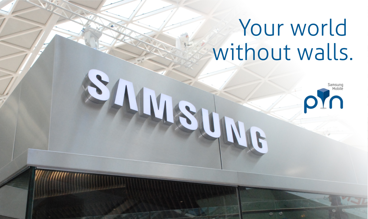 the prototype of the kiosk developed for Samsung PIN, with the tagline: "Your world without walls"