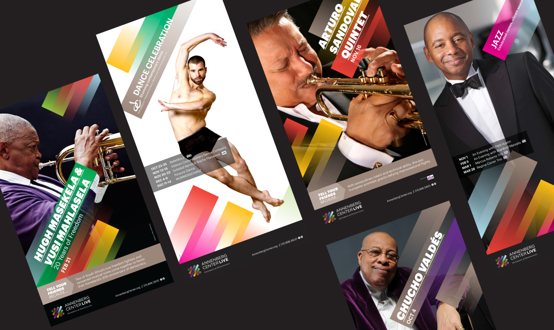 Examples of vertical banners for Annenberg Center Live showing how to apply the design system 