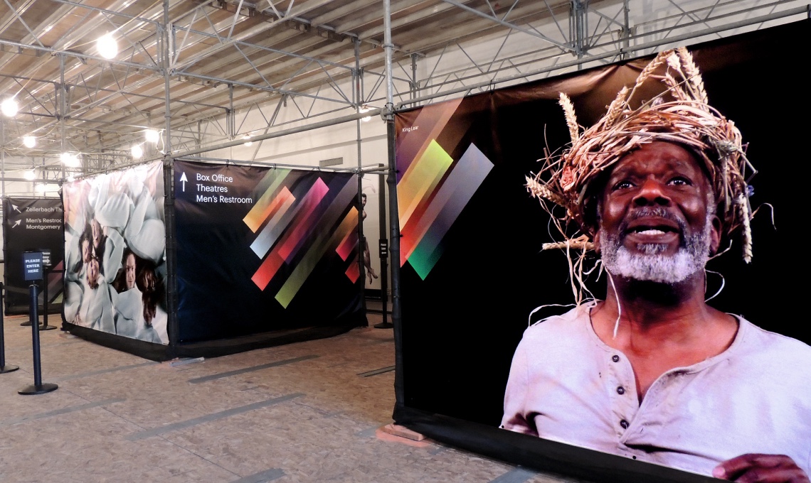 Examples of the desing system applied in the entrance hall of the Annenberg Center Live