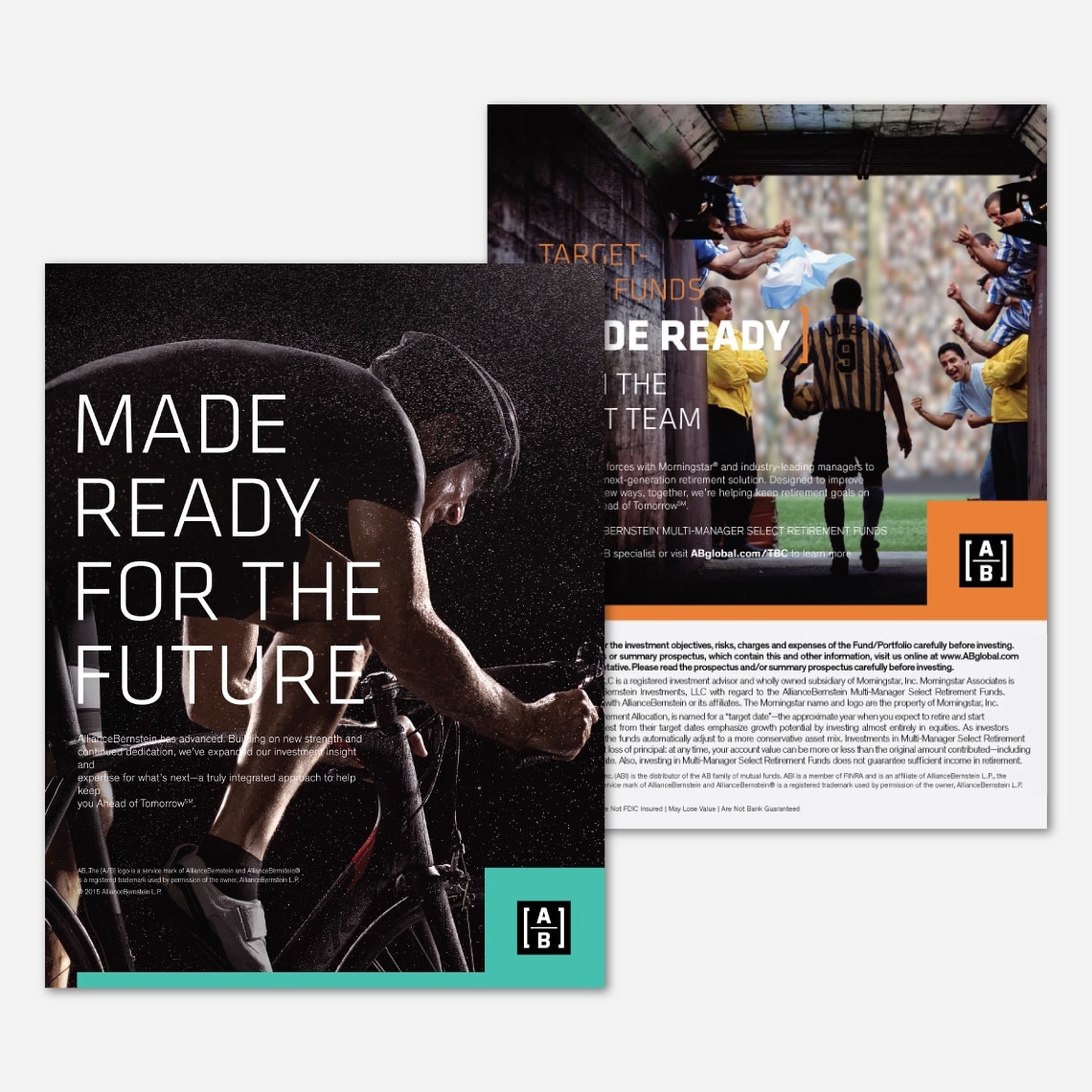 Examples of printed material and advertisements developed for AB (AllianceBernstein)