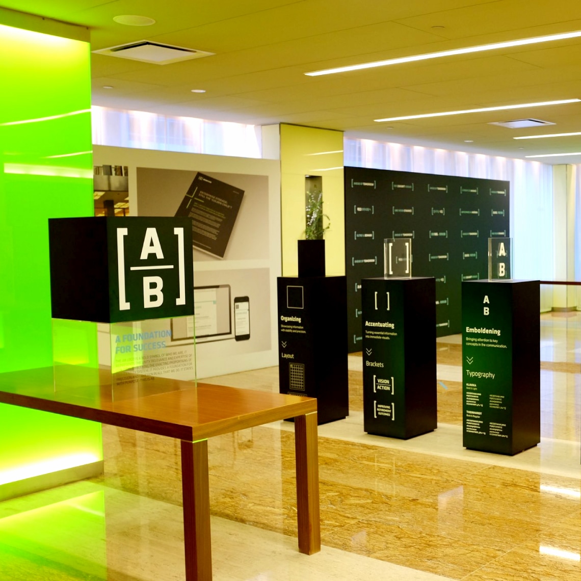 an office showing different elements with the applied design system developed for the virtual gallery