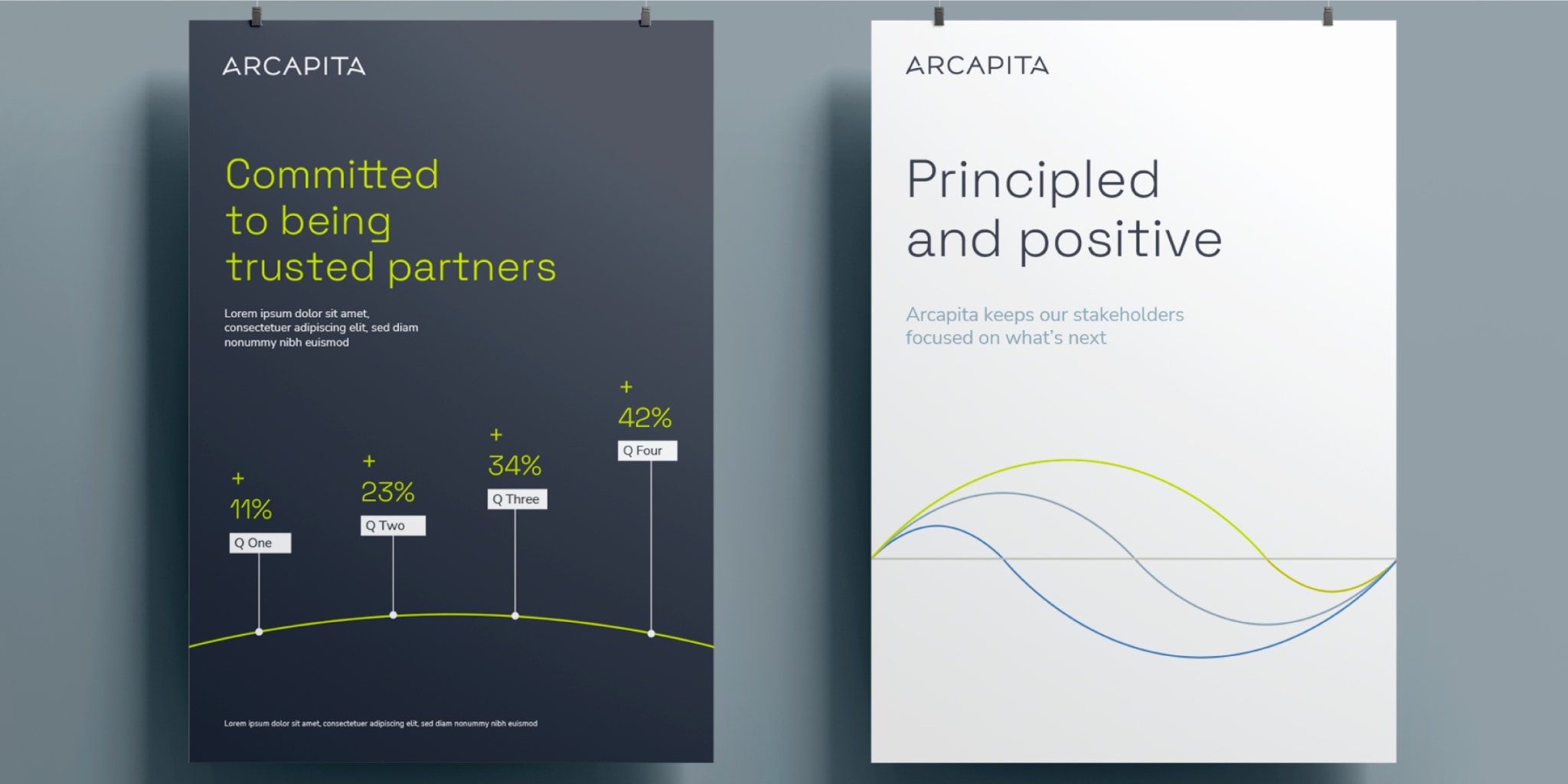 Examples of the Design System created for Arcapita applied to brochures and banners