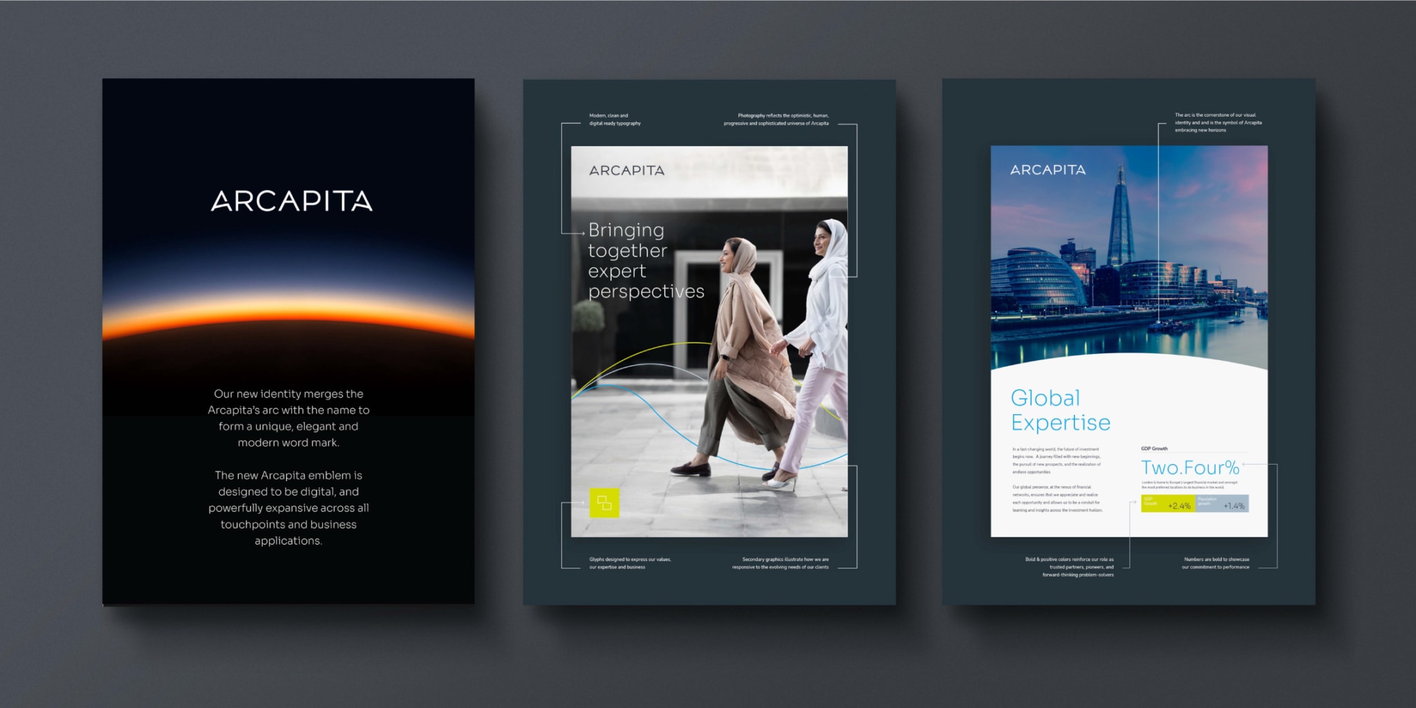 Examples of the Design System created for Arcapita applied to brochures and banners
