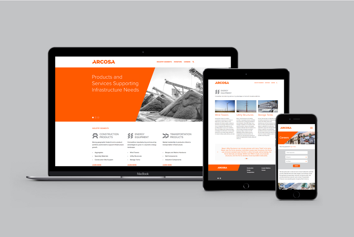 A laptop, a tablet, and a mobile phone showing the website designed for Arcosa