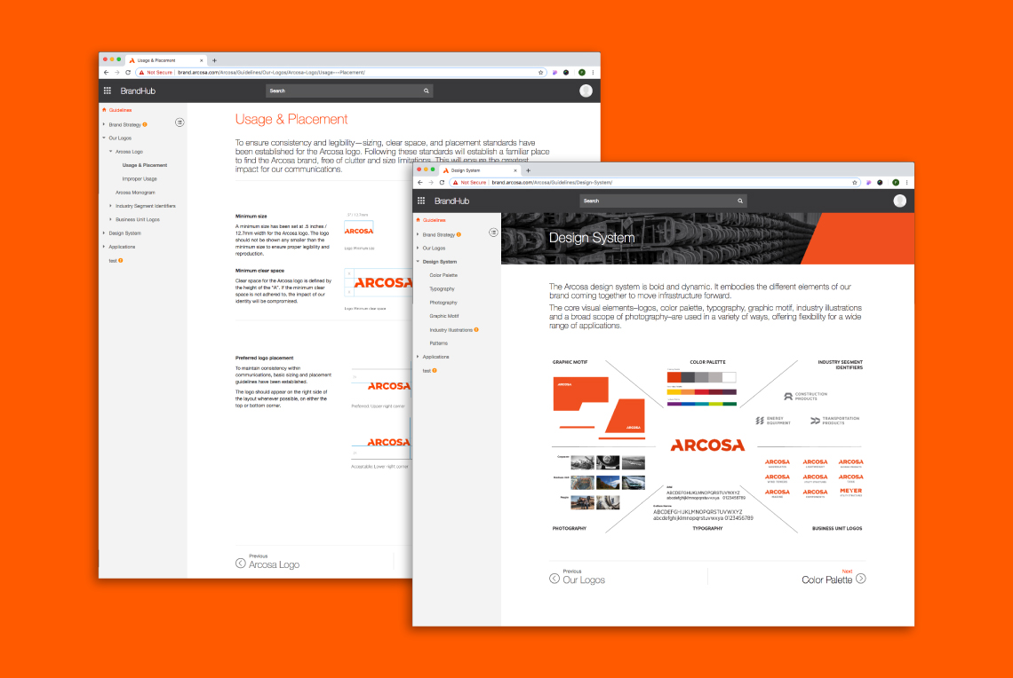 Examples of two web pages showing the brand management app developed with BrandOS for Arcosa