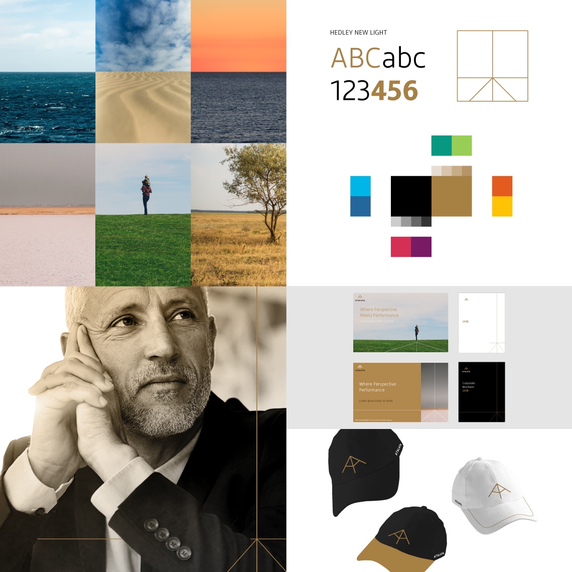 different elements of the brand identity developed for Atalaya: imagery, typography, icons, color palette, letterheads and branded baseball caps