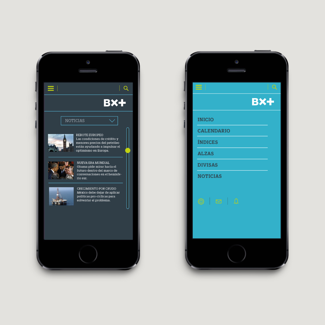 Two mobile phones with examples of the brand identity applied to a web page for BX+, the news section and the navigation menu