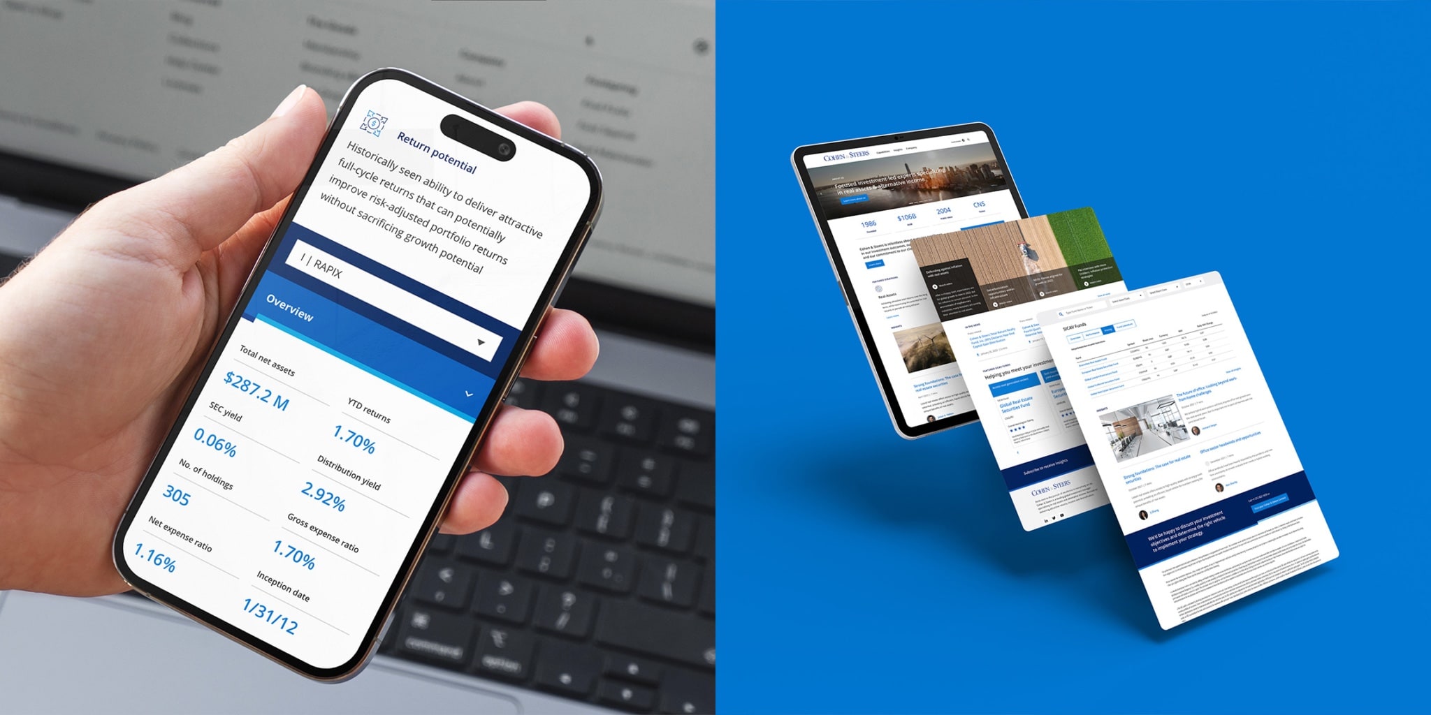 Mobile phone showing Multi-column tables convert to cards on mobile phones vs the same date showed at tablet or desktops devices