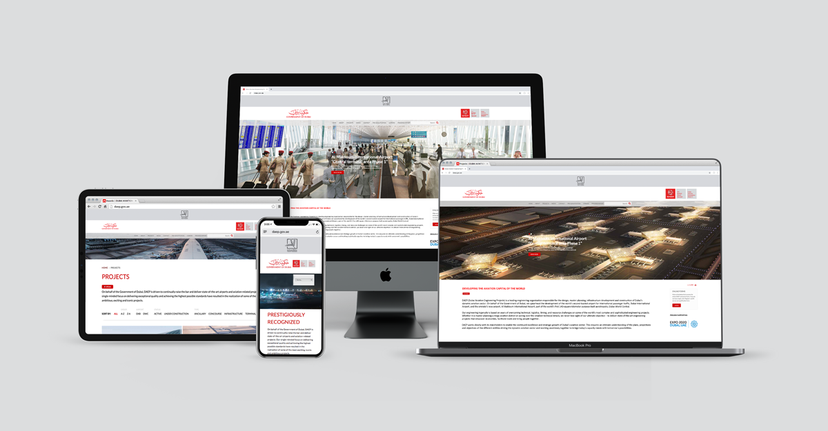 A computer desktop, laptop, tablet and mobile phone showing examples of the website designed for DAEP