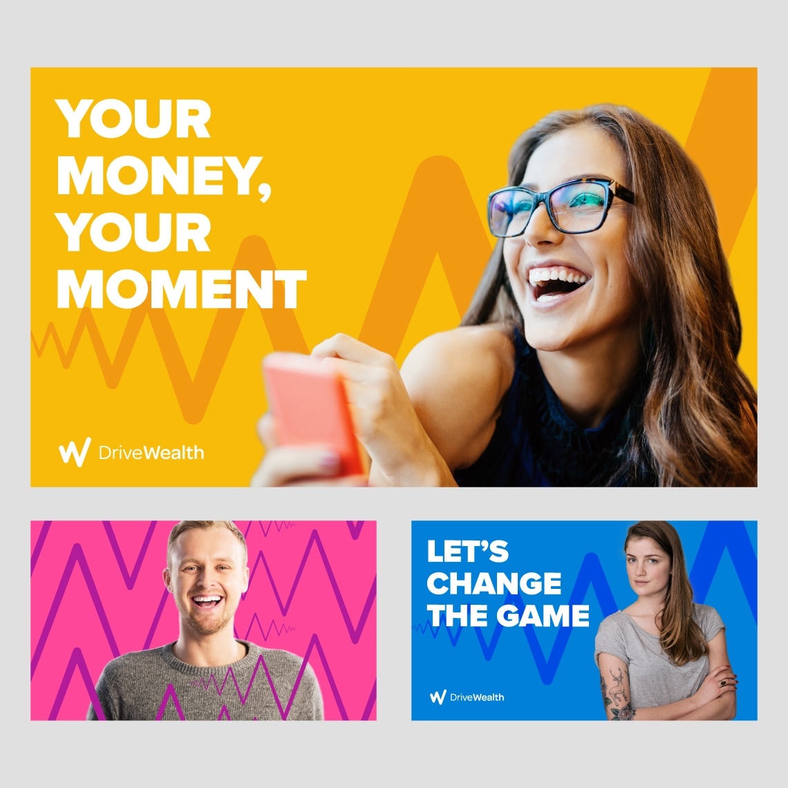 a collage showing three examples of the messaging and brand identity integration developed for DriveWealth