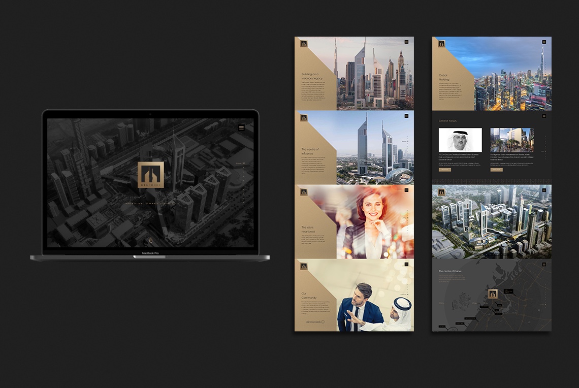 a laptop showing the website developed for the Emirates Towers District, and 8 more sample pages