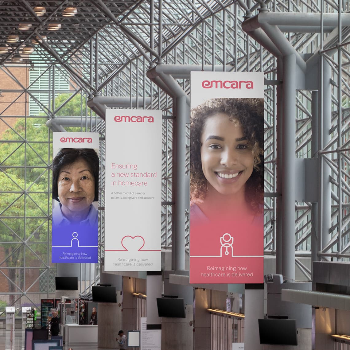 Examples of 3 vertical banners for Emcara showing how to apply the design system