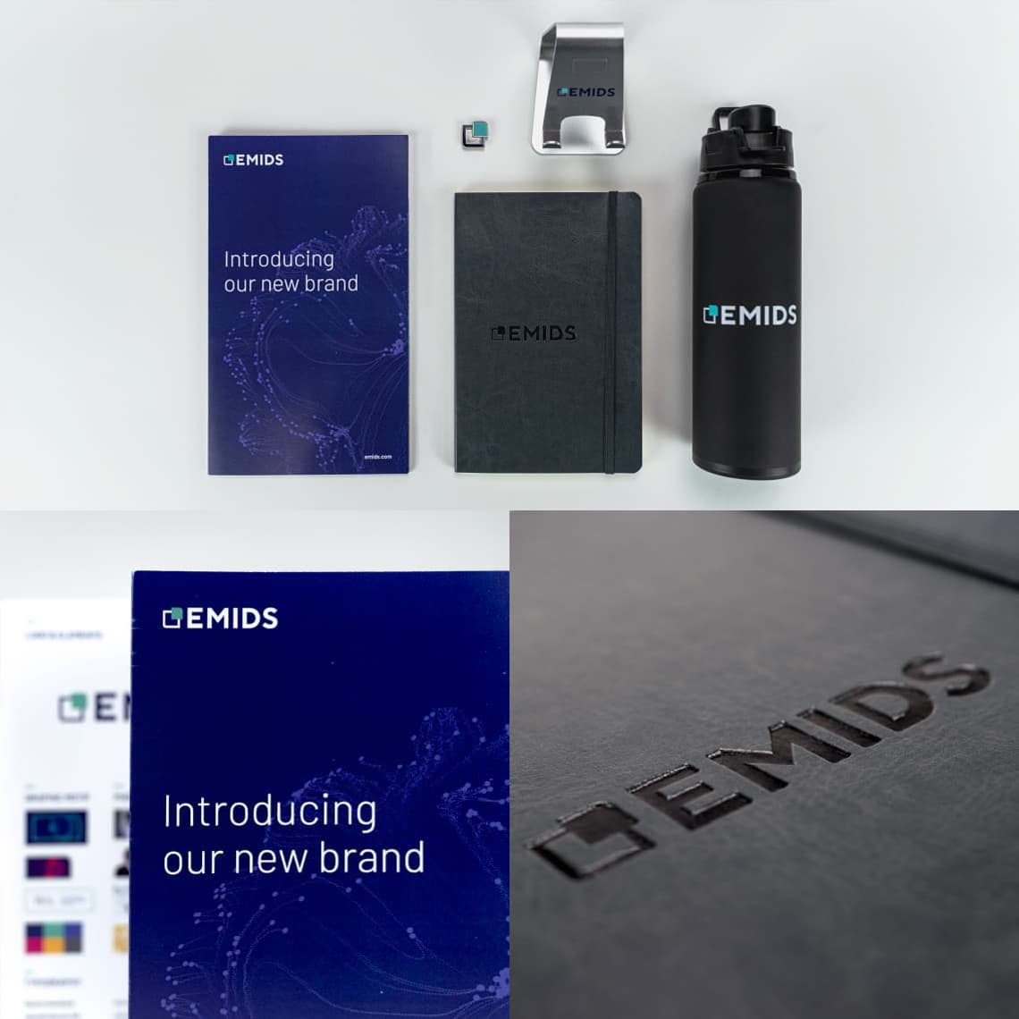 Examples of marketing materials incluiding notepad, water bottles, and other printed materials